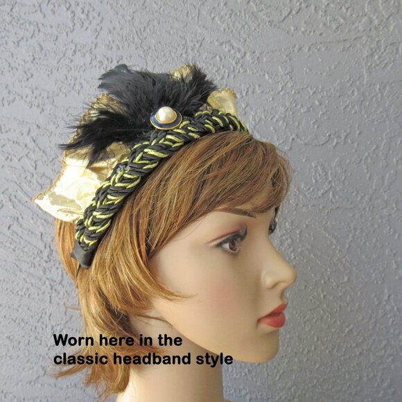 Flapper style softly ruffled gold lame fabric headband on black/gold braid band - Picture 13 of 15
